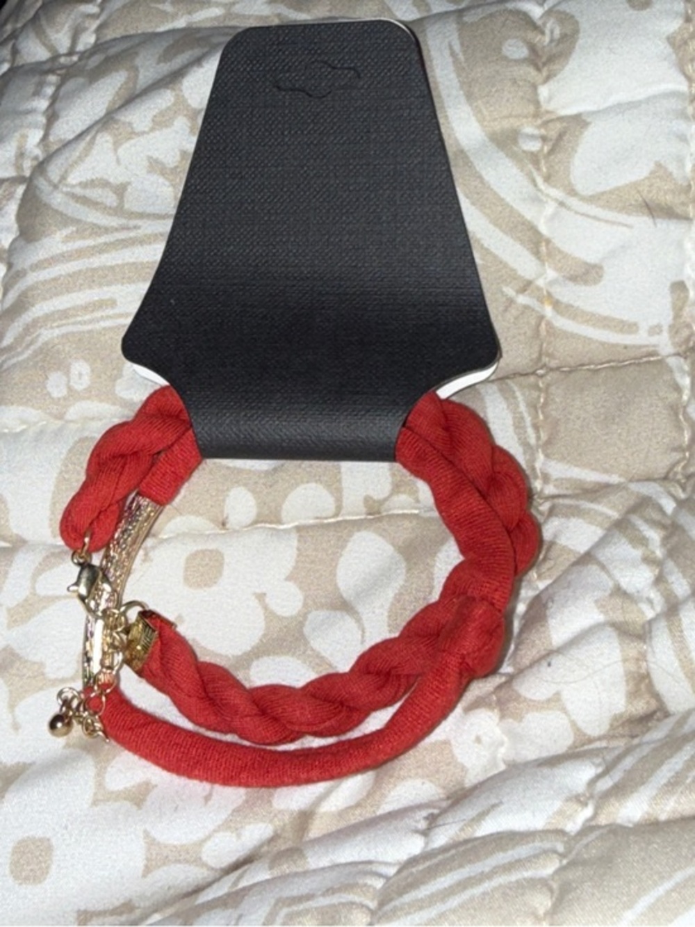 Red Braided Textile Bracelet with Gold Accents - Women Jewelry